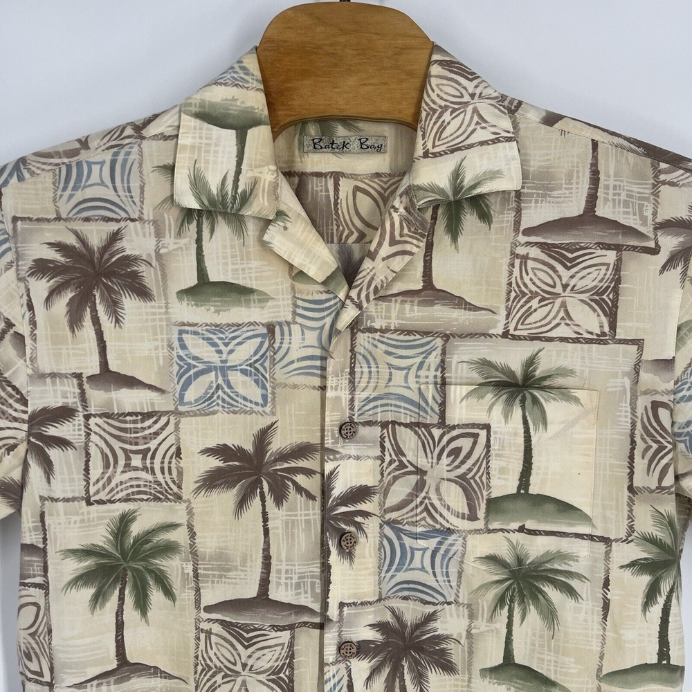 Batik Bay Mens Medium Cotton Aloha Shirt Palm Tree Tropical Geometric Tan Brown - Picture 2 of 4